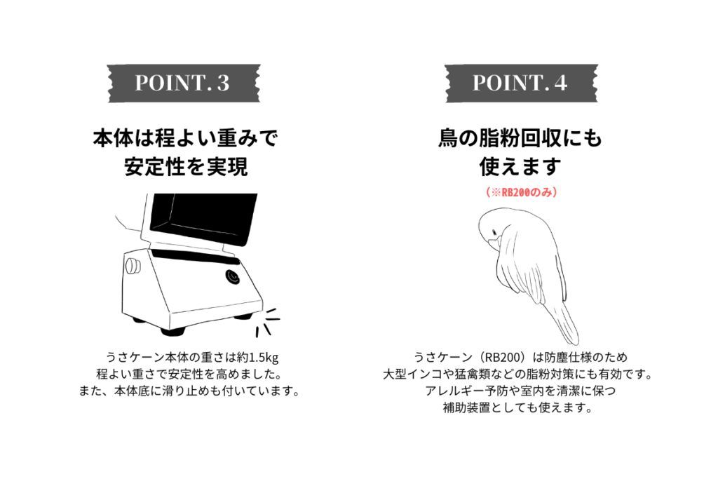 集毛機うさケーンの特徴③本体は程よい重みで安定性を実現④鳥の脂粉回収にも使えます