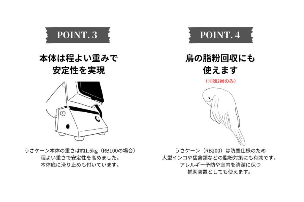 集毛機うさケーンの特徴③本体は程よい重みで安定性を実現④鳥の脂粉回収にも使えます